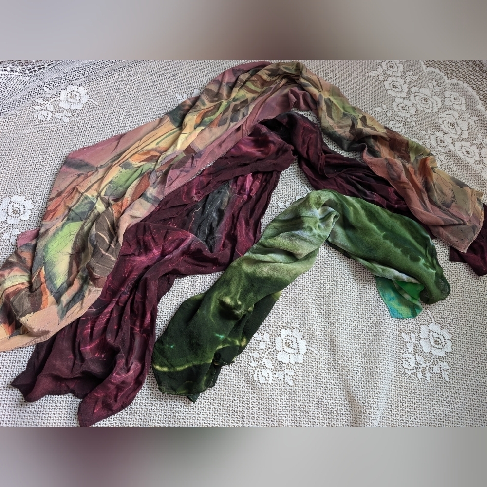Vintage Curated 90s Silk Watercolor Art Scarves | 3 Piece Collection
